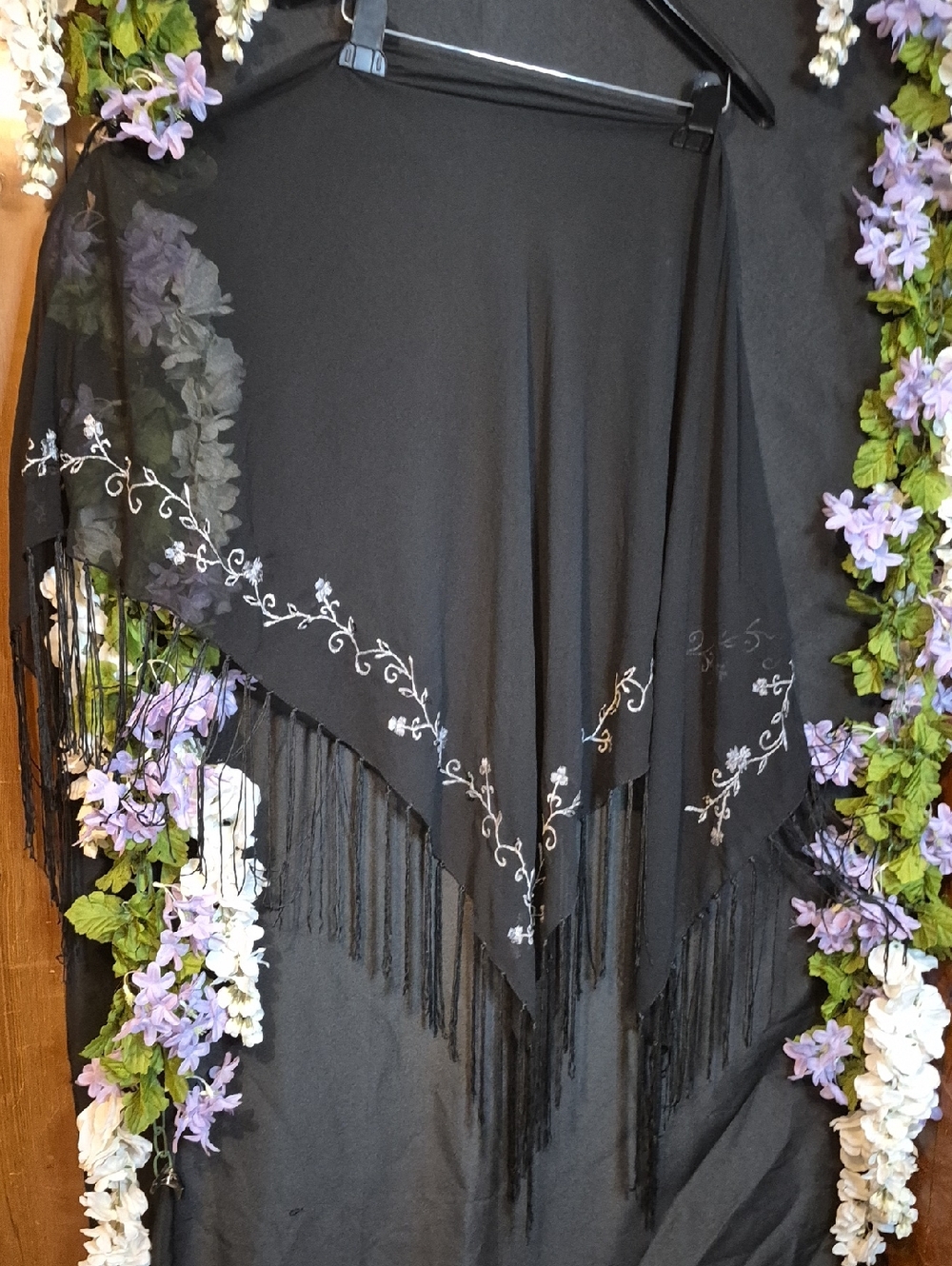 Embroidered Black Fringe Shawl - Floral Vine Detail